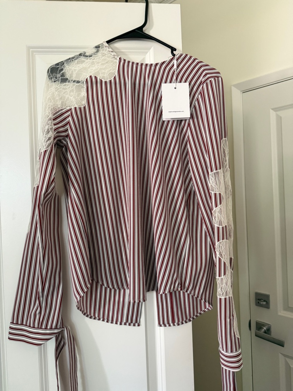 Striped Red and White Lace Accent Women's Blouse
